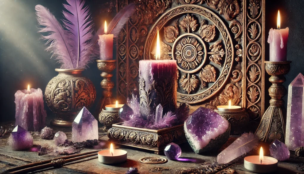 Dall·e 2024 10 22 17.20.10 A Mystical And Ritualistic Scene Featuring A Glowing Purple Candle With An Enchanting Flame Placed On An Ornate Sacred Altar Adorned With Intricate 1024x585