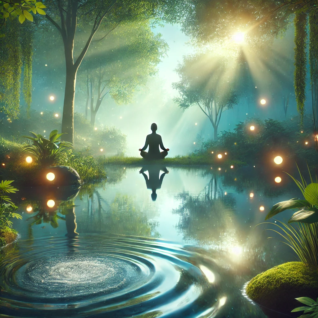 Dall·e 2024 11 12 18.45.31 A Serene And Peaceful Scene Of Emotional Healing In A Tranquil Natural Setting. A Person Is Meditating By A Calm, Reflective Pond Surrounded By Lush G