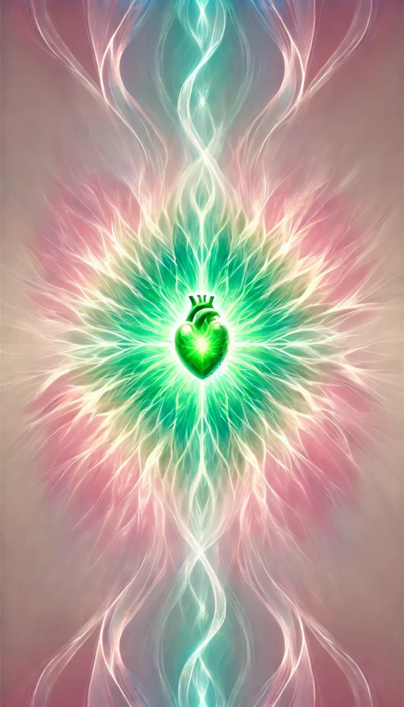 Dall·e 2024 11 13 15.47.31 A Vertical Artistic Representation Of The Heart Chakra, Symbolizing Love, Compassion, And Emotional Healing. The Image Features A Glowing Green Energy