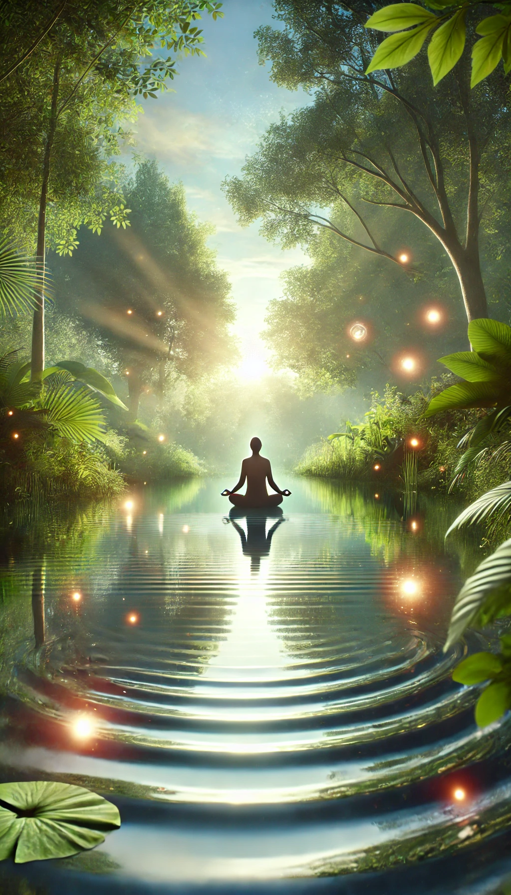 Dall·e 2024 11 12 18.45.57 A Vertical, Serene And Peaceful Scene Of Emotional Healing. A Person Meditating By A Calm, Reflective Pond Surrounded By Lush Greenery. Soft Light Fil